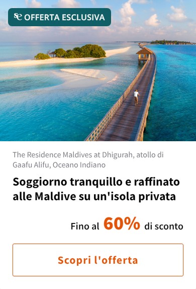 Soggiorno tranquillo e raffinato alle Maldive su un'isola privata