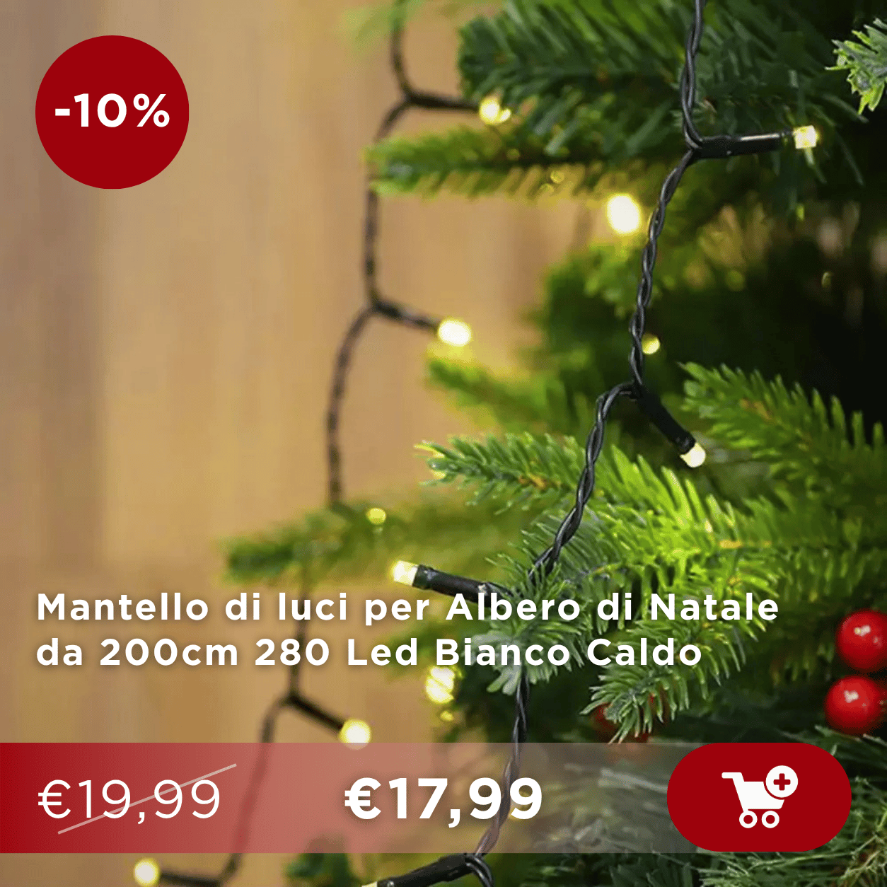 200cm warm-white 280-LED Christmas tree lights on fir branch, with -10% sale badge and €17.99 price