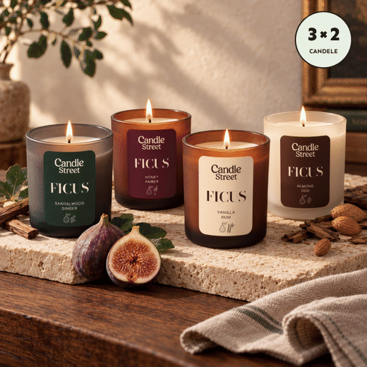 FICUS: quattro candele al fico. Foto di gruppo, Sandalwood Ginger e Honey Amber. Promo 3×2: ogni due candele, una media in regalo.