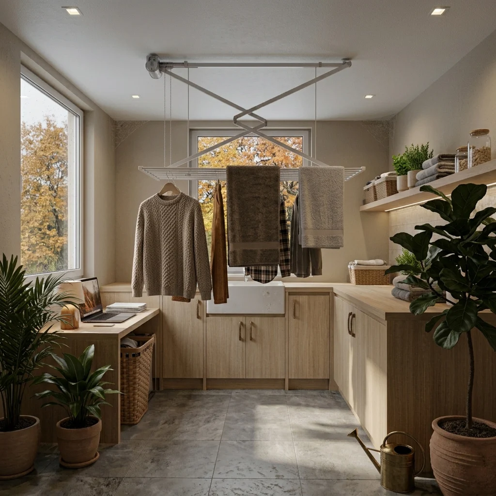 A bright laundry room with drying clothes, towels, cabinets, and potted plants