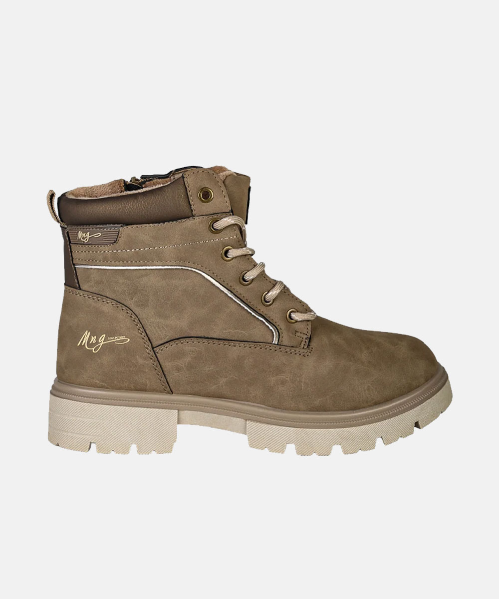 Women's tan suede-effect lace-up ankle boot with faux-fur collar, side zip, gold logo and chunky beige lug sole