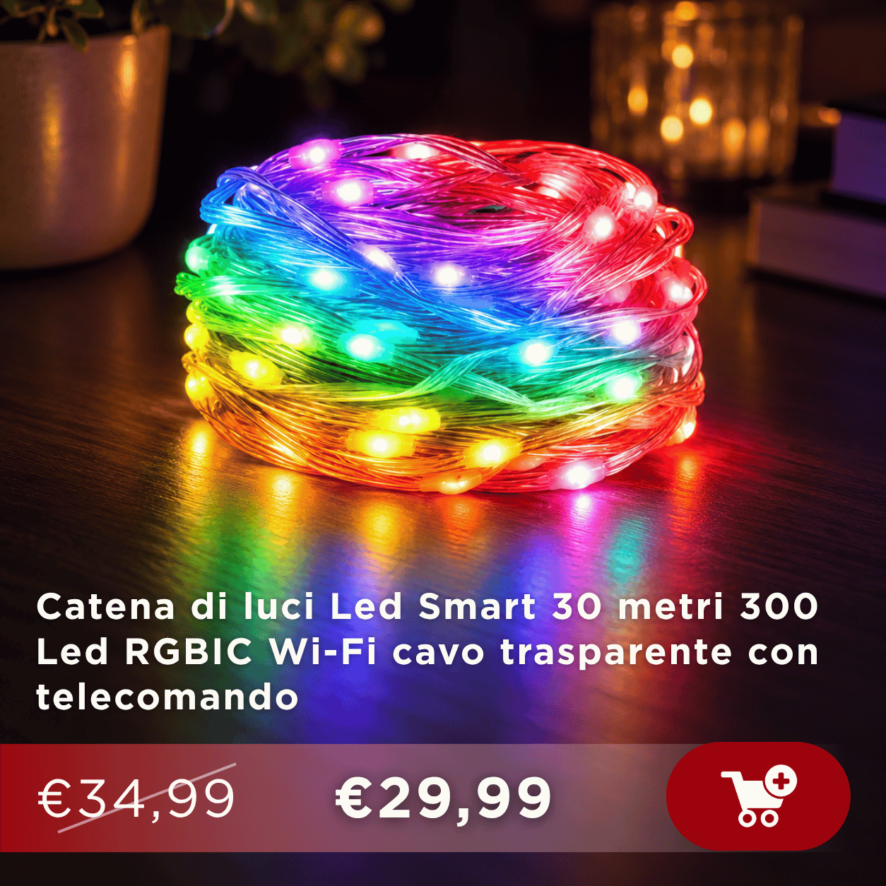 Coiled multicolour RGB LED string lights with transparent cable on a wooden table, glowing bright colours and blurred warm background, sale price overlay