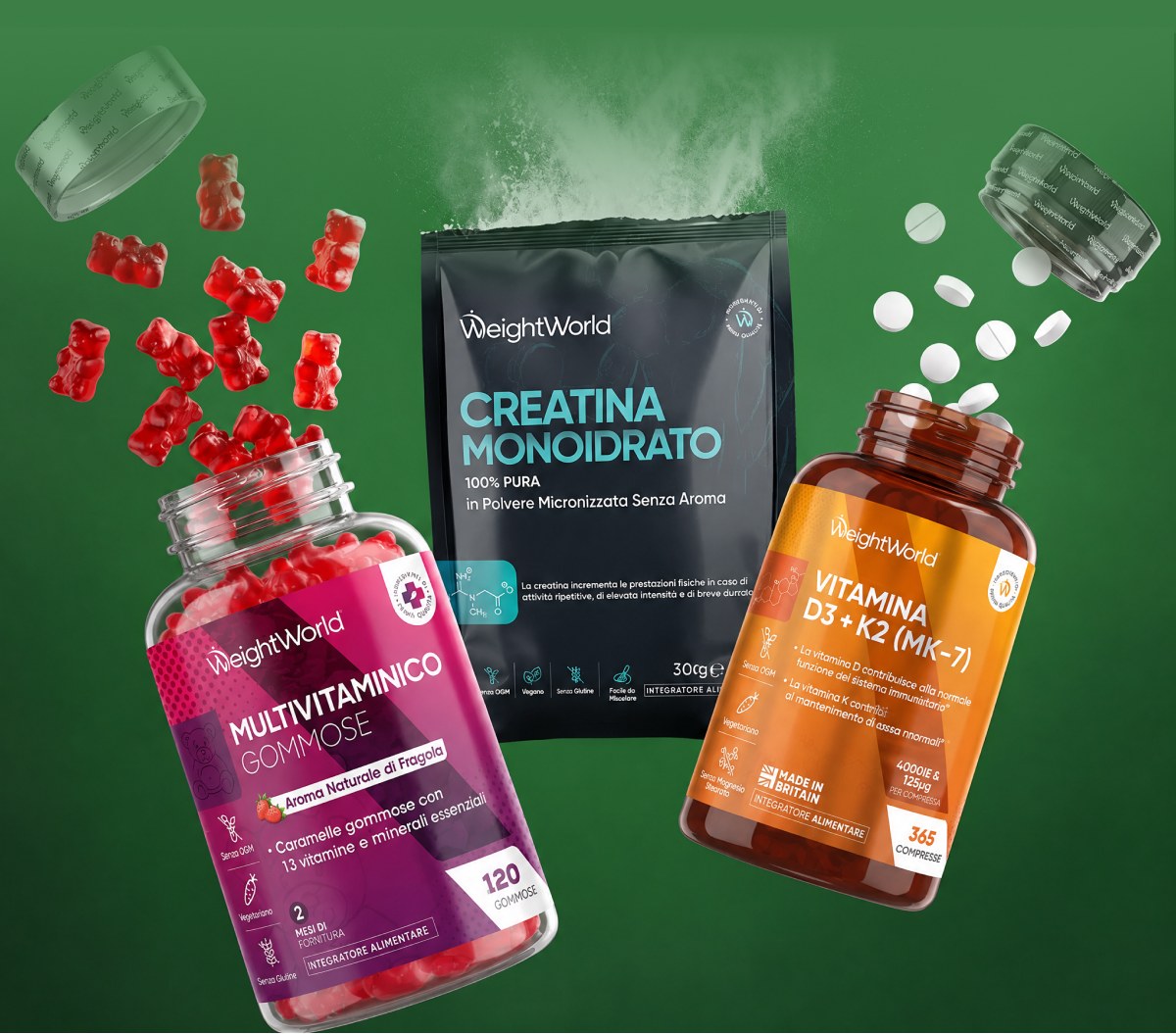 WeightWorld Multivitaminico Gommose 120, Creatina Monoidrato 100% Pura in Polvere Micronizzata Senza Aroma 300g, Vitamina D3+K2 (MK-7) 365.