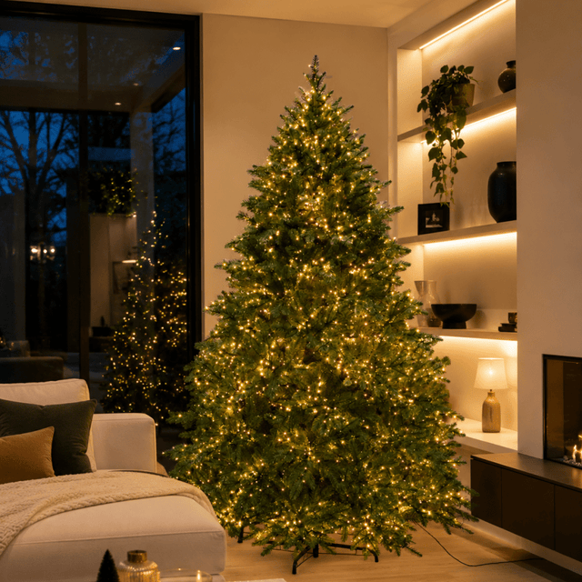 Albero di Natale Archibald con LED integrati in un soggiorno