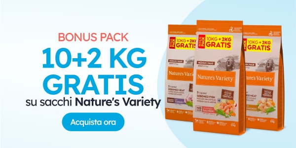 Bonus Pack · 10+2 KG GRATIS sui sacchi Nature's Variety.