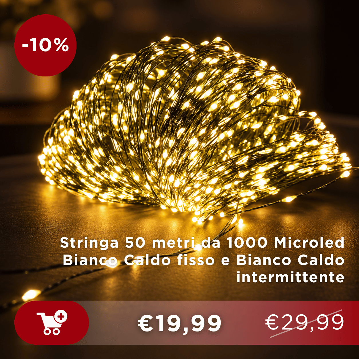 Warm white 50-metre micro-LED string lights (1000 LEDs) on table with 10% discount badge and price tag