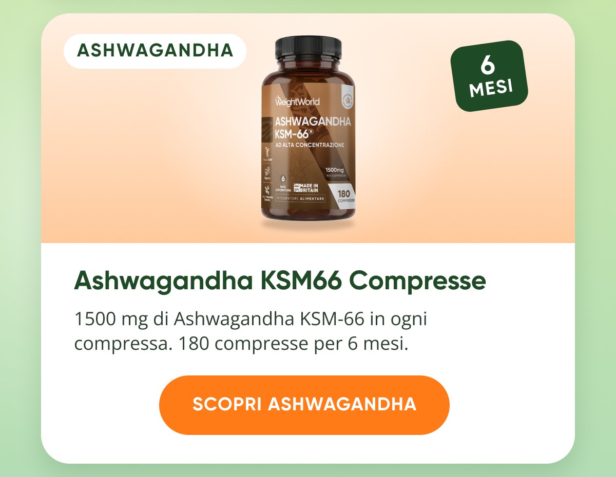 Ashwagandha KSM66 Compresse 1500 mg di Ashwagandha KSM-66 in ogni compressa. 180 compresse per 6 mesi. Scopri Ashwagandha