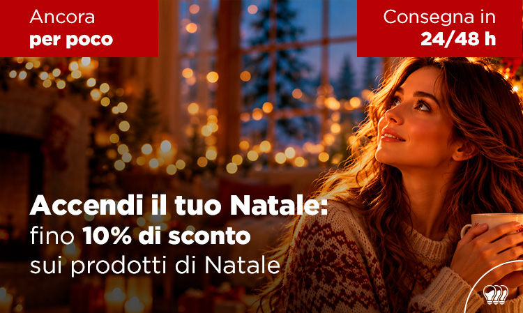 Woman in cosy Christmas living room with fairy lights, holding a mug and wearing a knit sweater; promo: up to 10% off Christmas products.