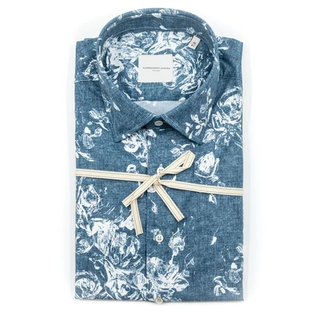 Camicia Blu con Fantasia Floreale Bianca