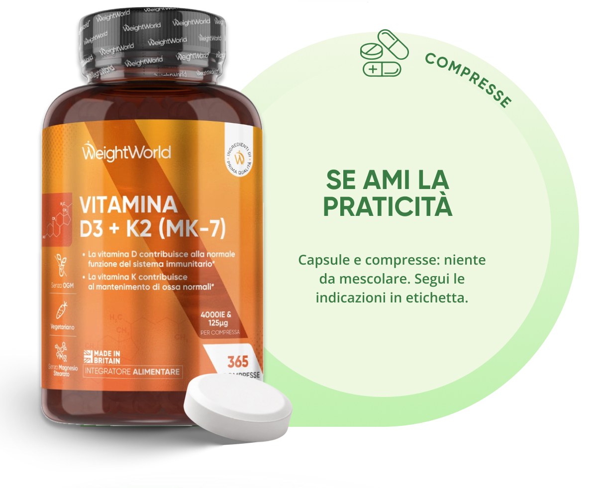 WeightWorld Vitamina D3 + K2 (MK-7) Capsule e compresse: niente da mescolare. Segui le indicazioni in etichetta.