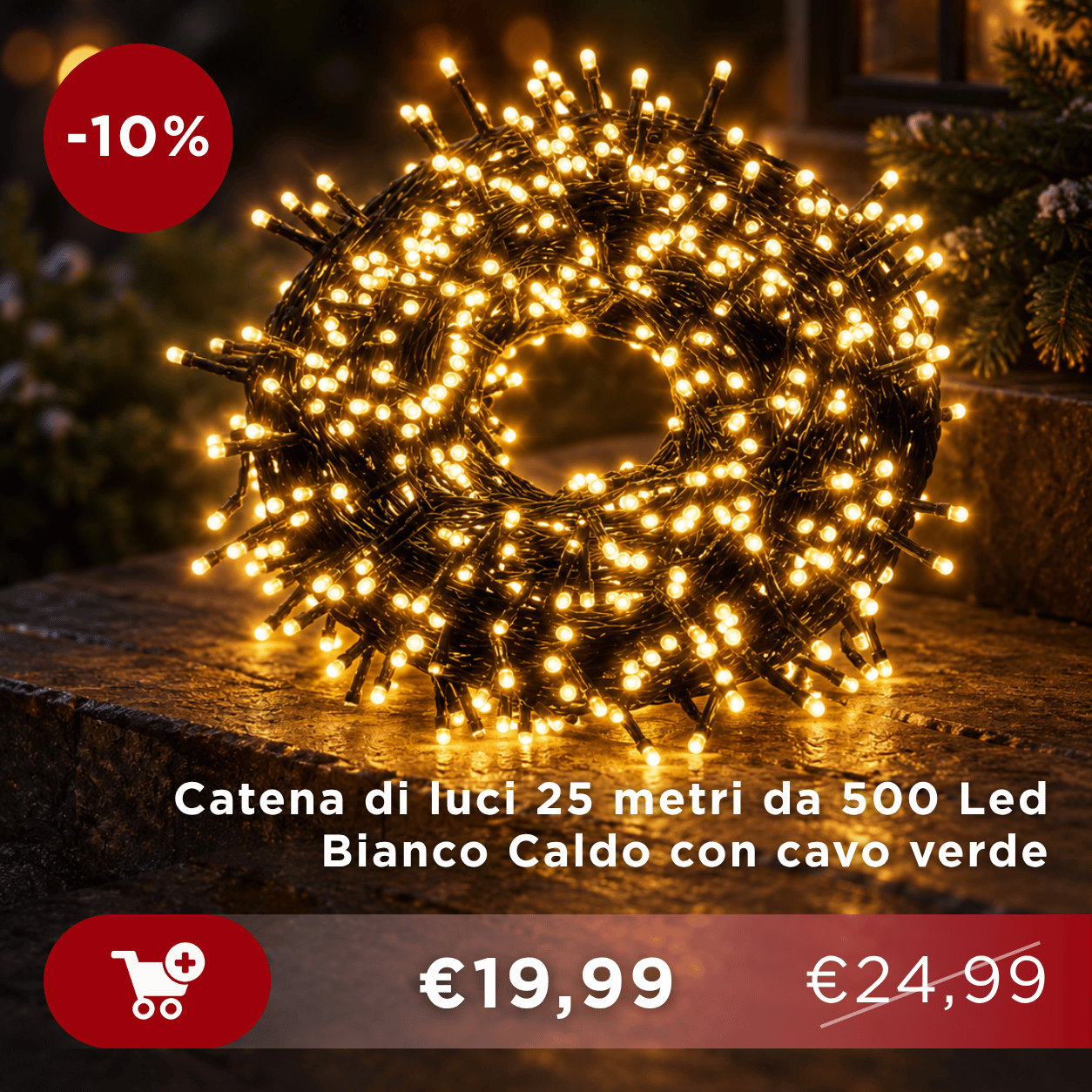 Coiled 25m string of 500 warm-white LED lights on green cable on a stone step, festive display with -10% sale badge and price