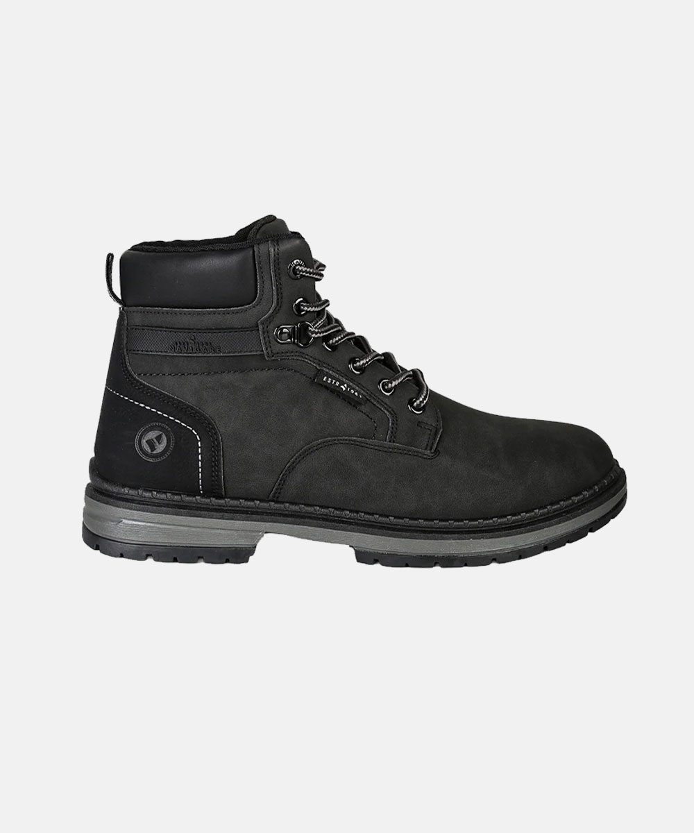 Black men's lace-up ankle boot with padded collar, metal eyelets and rugged rubber sole, nubuck finish on white background