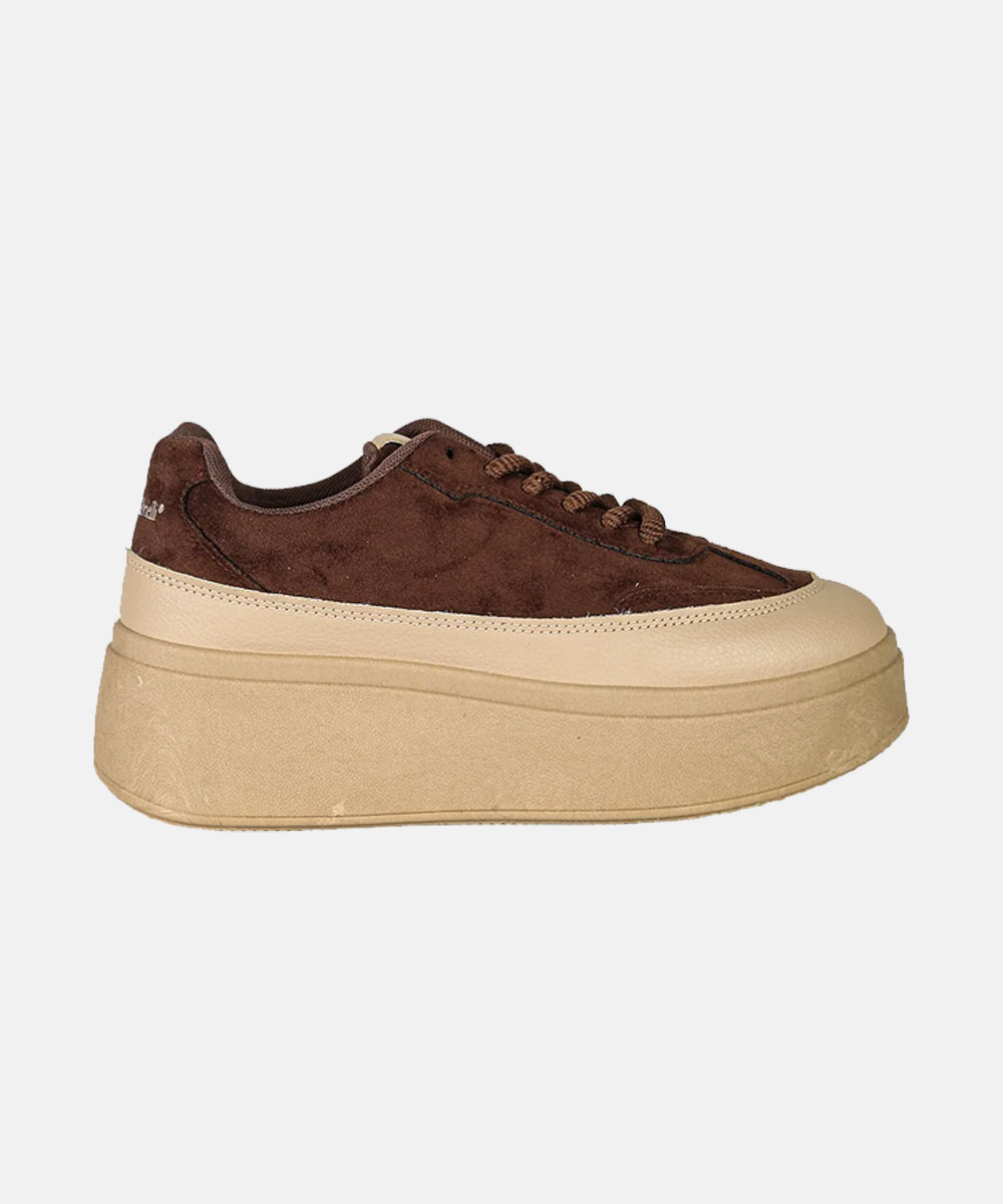 Brown suede lace-up platform sneaker with thick beige foam sole, side view on white background