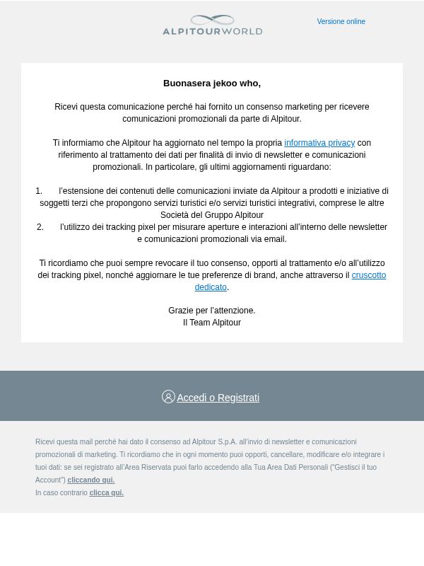 Aggiornamento informativa privacy Alpitour