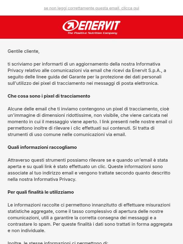 Aggiornamento sull'utilizzo dei pixel di tracciamento email da parte di Enervit