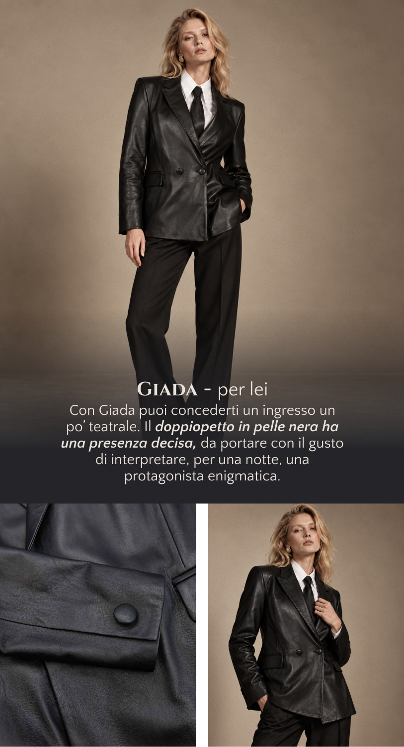 Giada per lei: blazer doppiopetto in pelle nera, per un ingresso teatrale alla festa di Halloween.