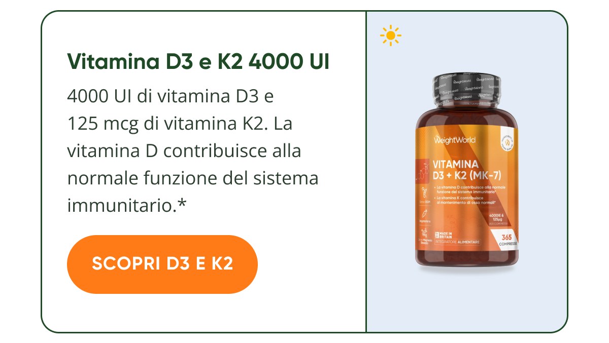 Vitamina D3 e K2 4000 UI 4000 UI di vitamina D3 e 125 mcg di vitamina K2. La vitamina D contribuisce alla normale funzione del sistema immunitario.