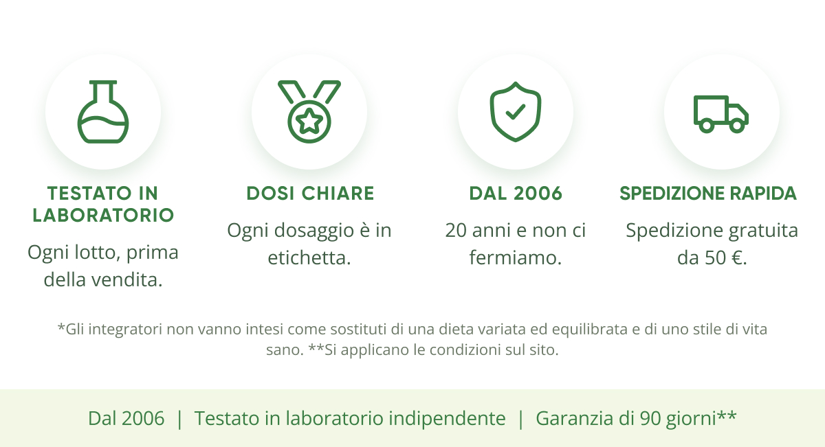 Testato in laboratorio Ogni lotto, prima della vendita. Dosi chiare Ogni dosaggio è in etichetta. Dal 2006 20 anni e non ci fermiamo.