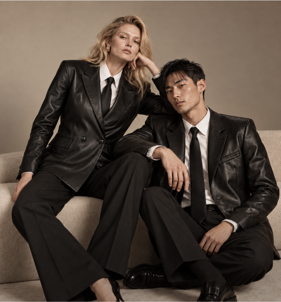 Giada e Luke indossati insieme: due blazer in morbida pelle nera.