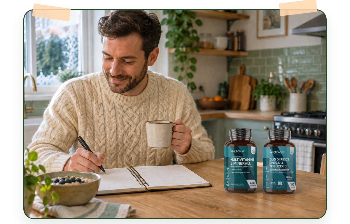 Multivitamin mineral, duo of price, duo of probiotics, man writing in notebook with a mug in hand.