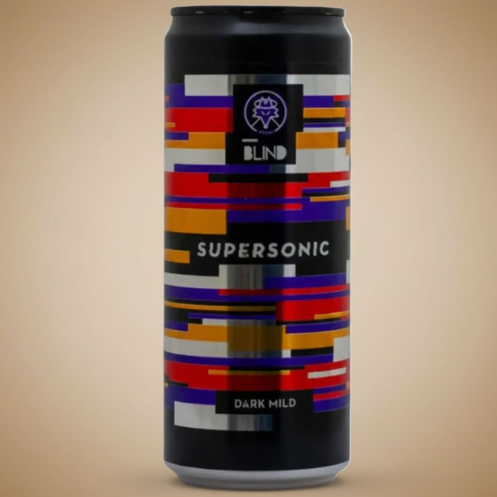 A can of Blind Supersonic Dark Mild beer with a colorful, abstract design.
