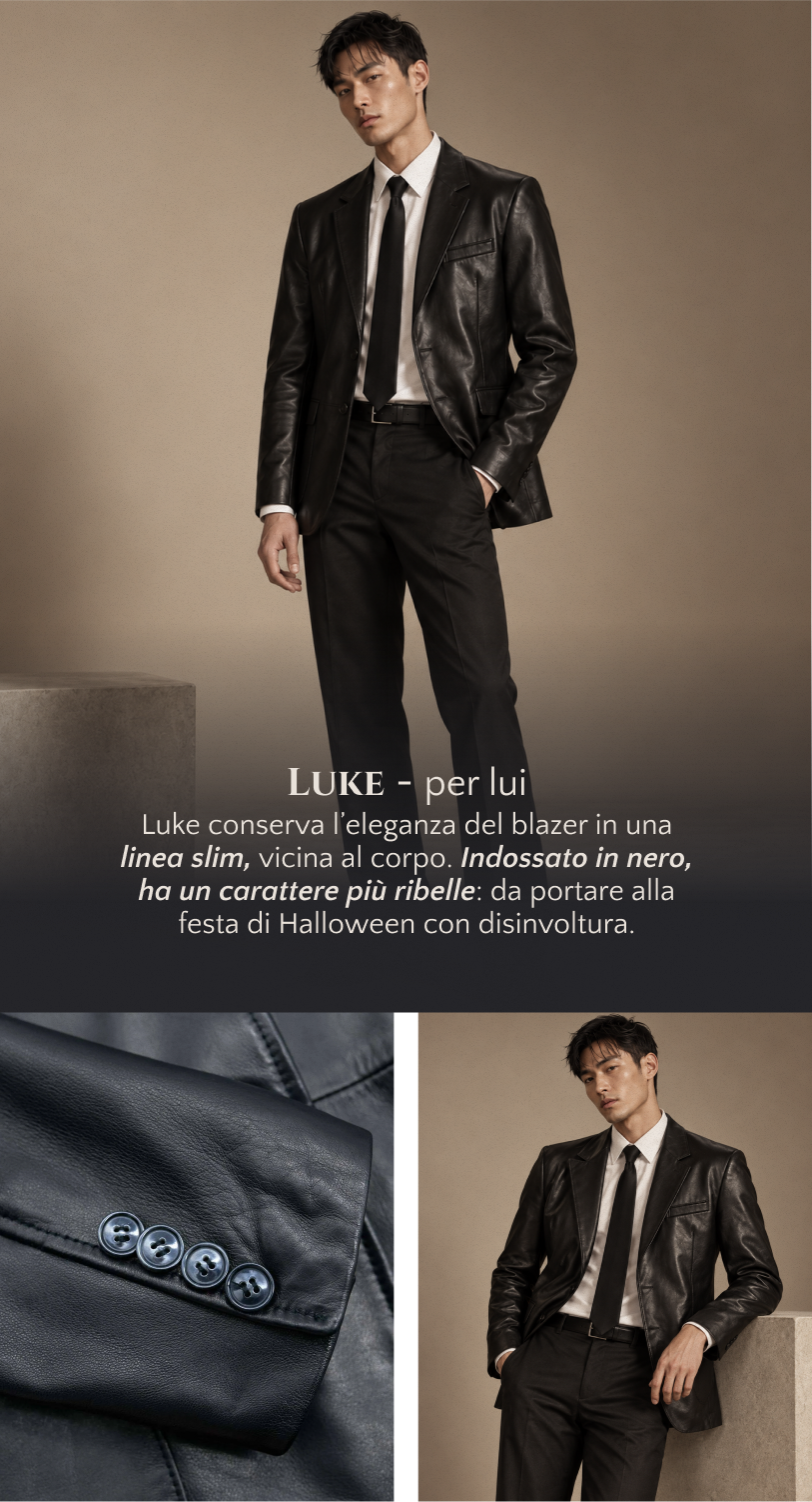 Luke per lui: blazer in pelle nera dalla linea slim e dal carattere ribelle.