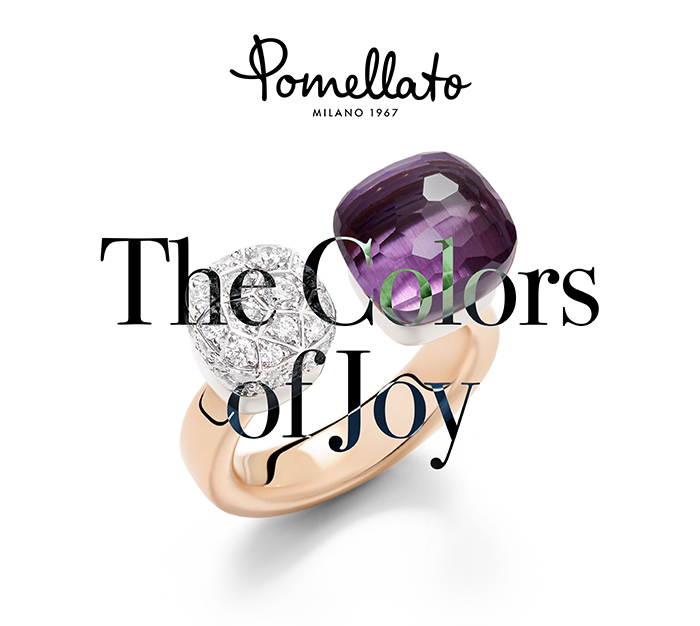 Pomellato ring with rose-gold band, purple amethyst and pavé diamond stones; promotional "The Colors of Joy" text overlay