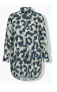 Blusa lunga, stampa leopardata, linea ad A, colletto a camicia, manica lunga