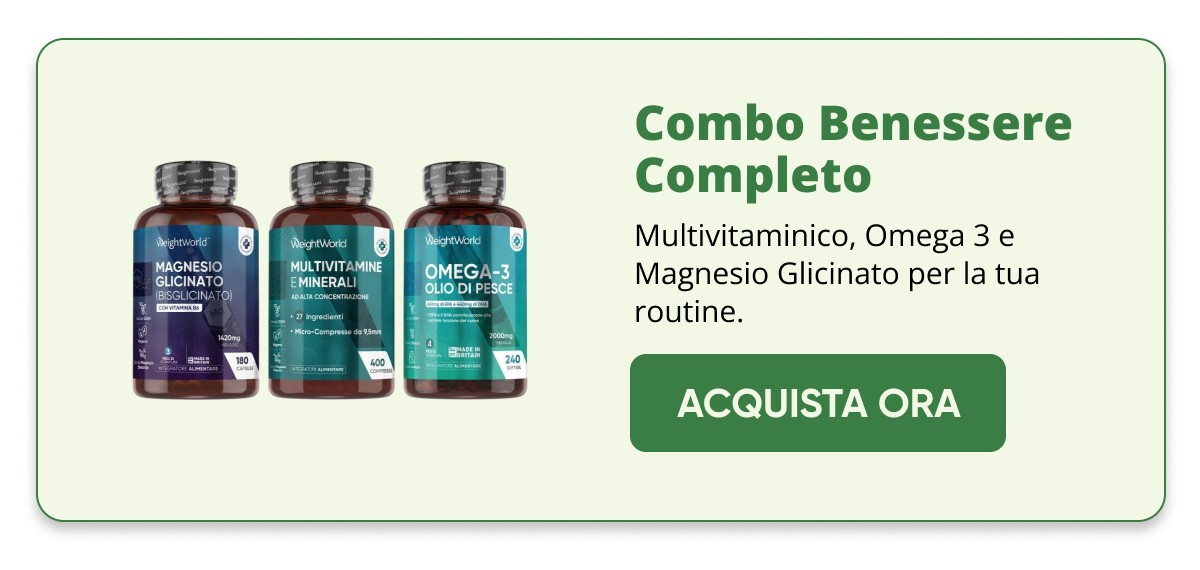 Combo Benessere Completo Multivitaminico, Omega 3 e Magnesio Glicinato per la tua routine. Acquista ora