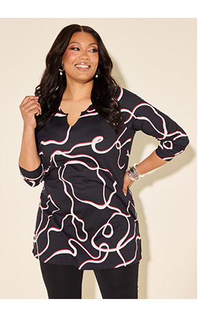 Longshirt, stampa grafica, linea ad A, scollo tunica, manica lunga
