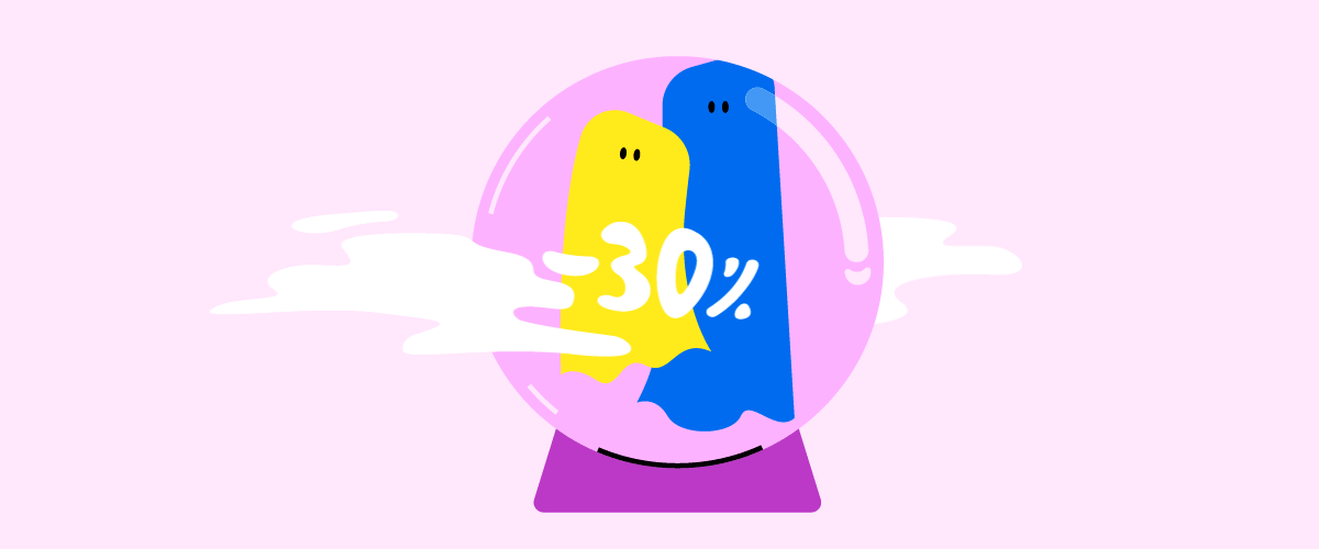 Due fantasmi in una sfera con la scritta “30%”.