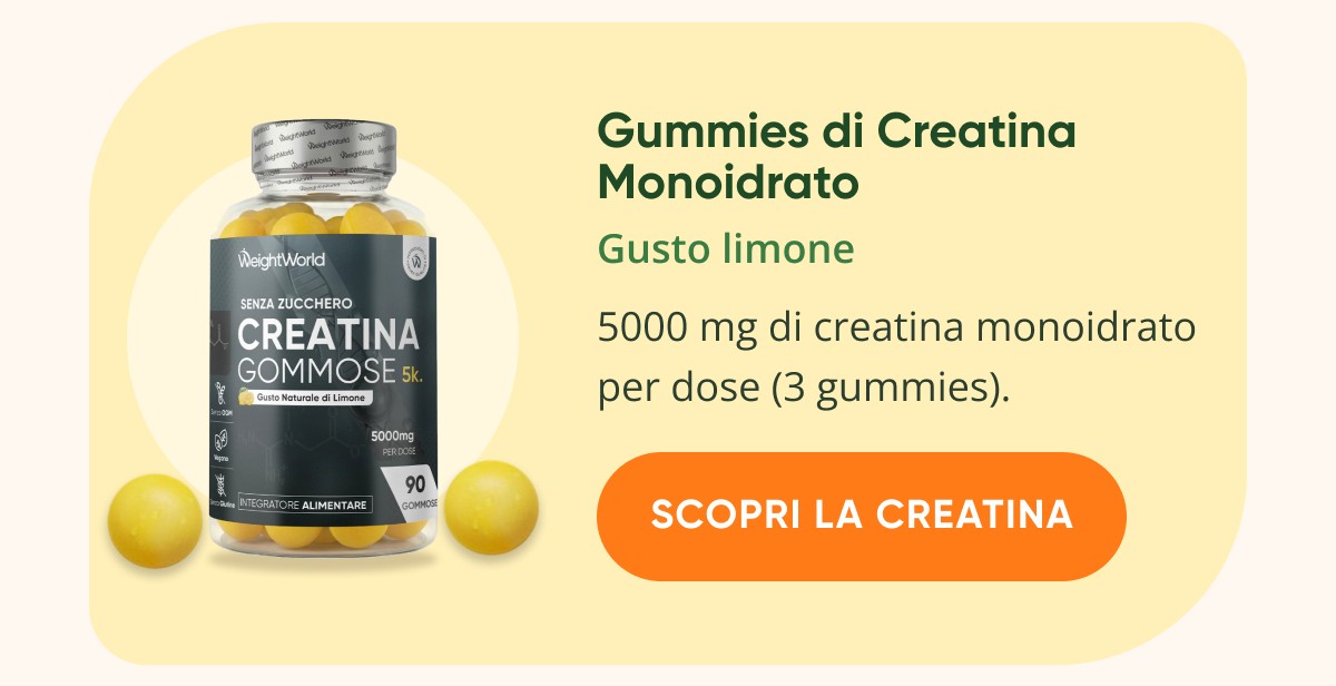 Gummies di Creatina Monoidrato Gusto limone 5000 mg di creatina monoidrato per dose (3 gummies). Scopri la creatina