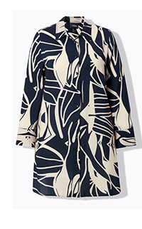 Blusa lunga, stampata, linea ad A, colletto a camicia, manica lunga