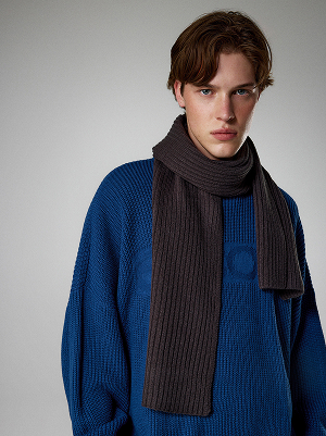 Uomo con maglione blu e sciarpa marrone scuro a coste.