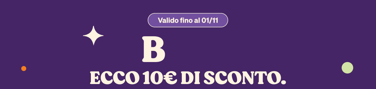 Promotional banner on purple background showing discount codes B, BO, BOO and BOO! offering €10 off with validity notice