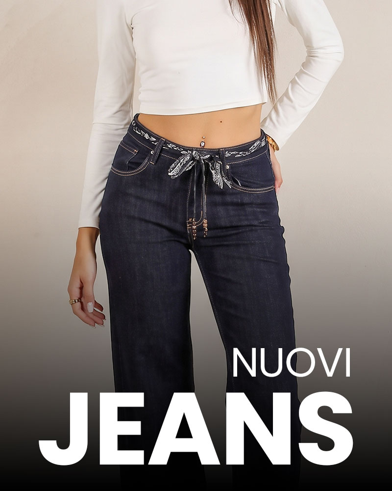 Model wearing dark high-rise women's jeans with bandana belt and white crop top, "Nuovi Jeans" text