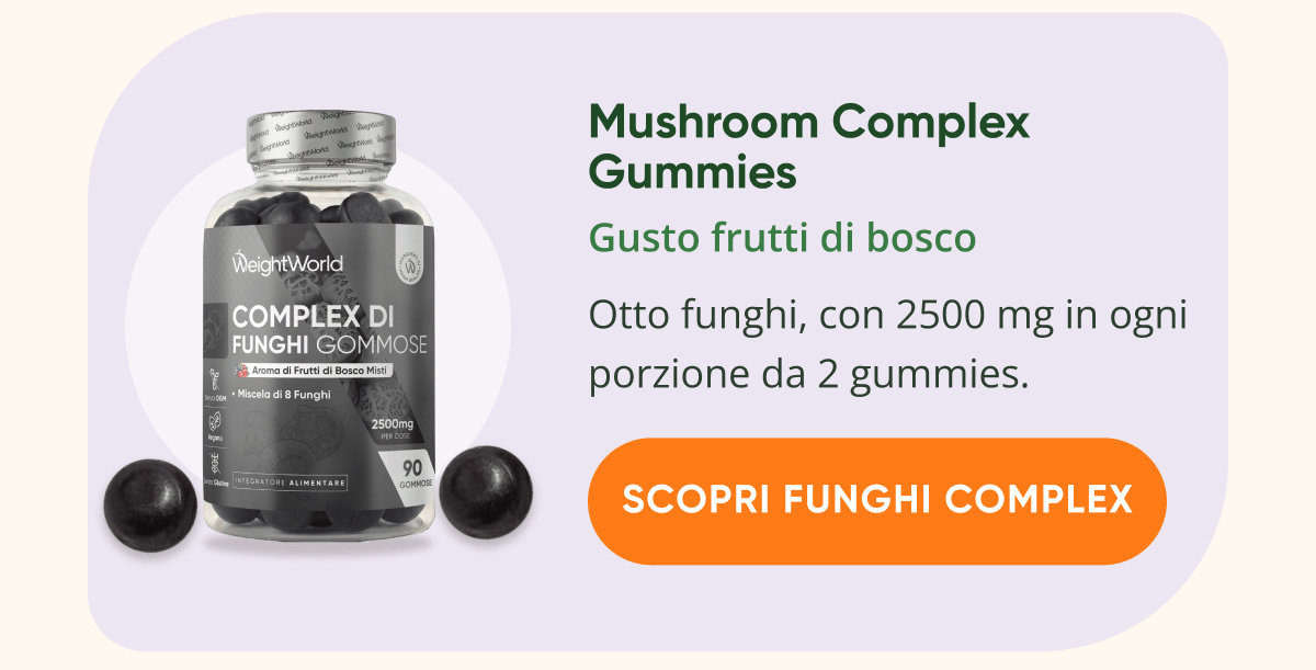 Mushroom Complex Gummies Gusto frutti di bosco Otto funghi, con 2500 mg in ogni porzione da 2 gummies. Scopri funghi complex