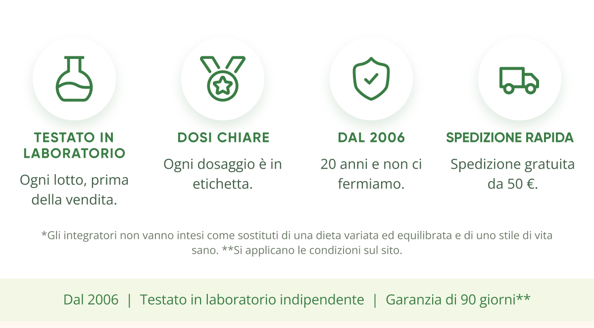 Testato in laboratorio Ogni lotto, prima della vendita. Dosi chiare è in etichetta. Dal 2006 20 anni e non ci fermiamo.