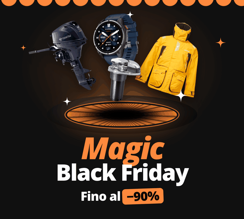 Magic Black Friday: sconti fino al −90%. Dal cilindro escono un motore Tohatsu, un orologio Garmin, un salpa ancora Quick e una cerata Musto