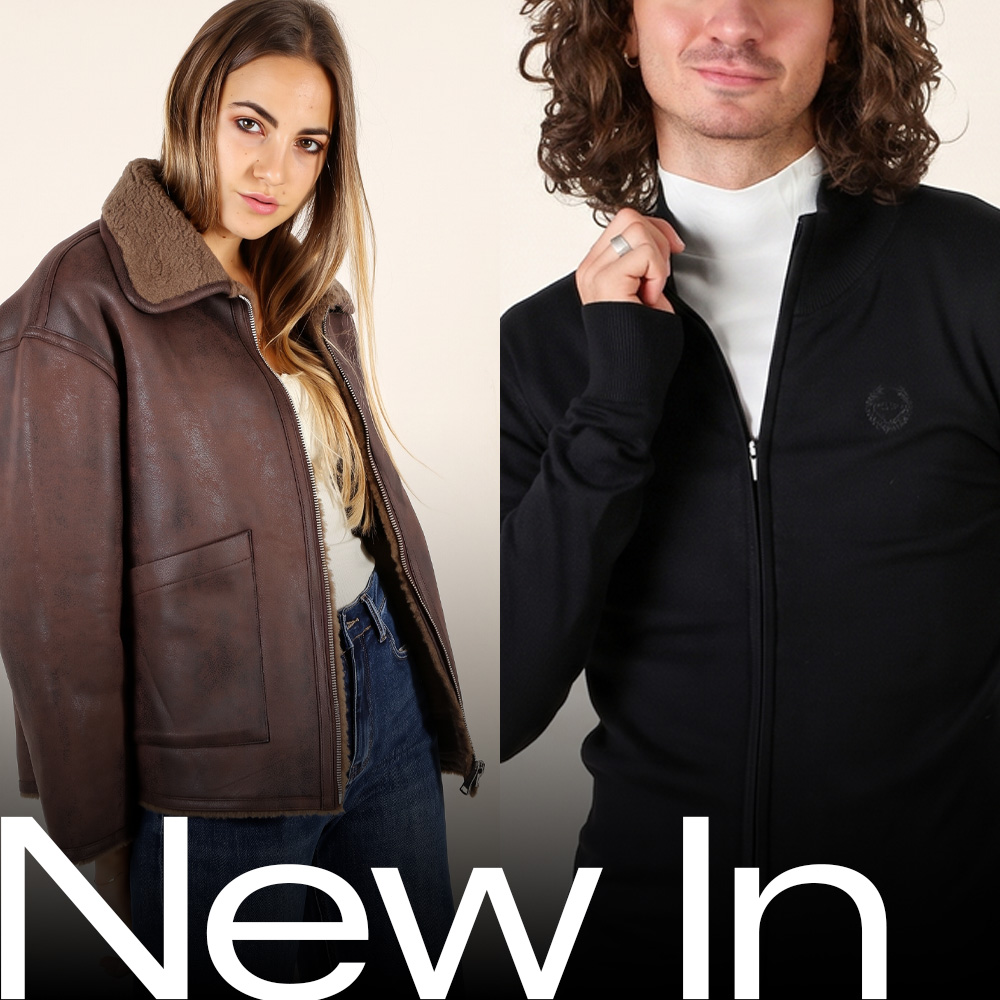 Split image: woman in brown shearling jacket and jeans beside man in black zip-up jacket over white top, 'New In' banner