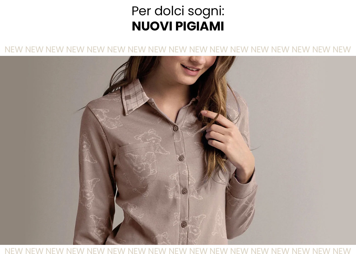 Beige women's button-up pyjama top with subtle butterfly print and checked collar, model gently touching her hair