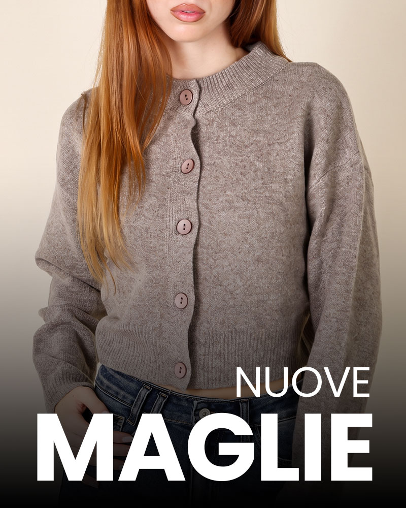 Cropped taupe button-up knit cardigan on model paired with blue jeans, promotional image with text 'NUOVE MAGLIE'
