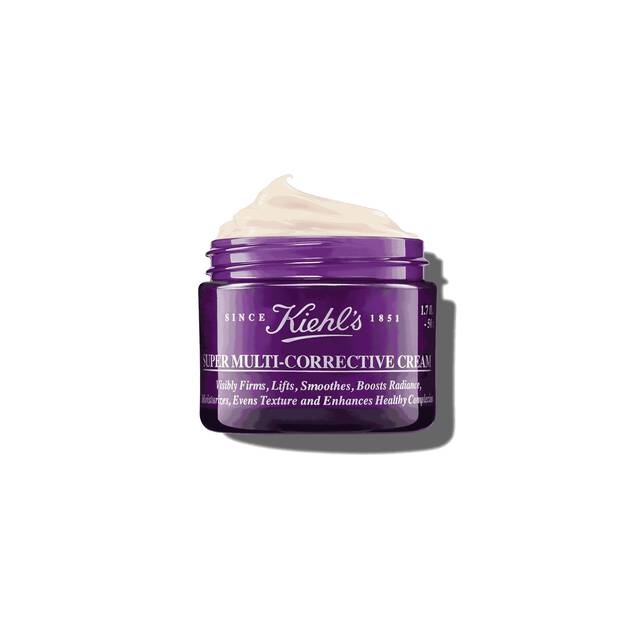Super Multi Corrective Cream barattolo viola aperto su sfondo bianco