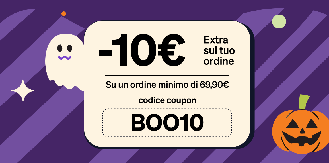 Repeat pattern of Halloween-themed banners showing a €10 off coupon (code BO010) with ghosts and pumpkins, min order €69.90