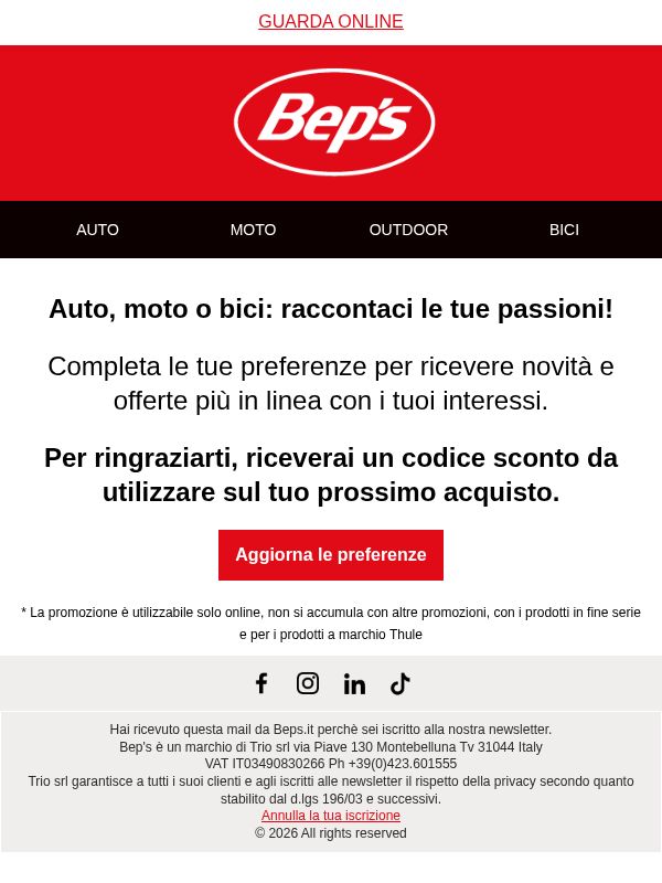 Auto, moto o bici: raccontaci le tue passioni e ricevi un codice sconto!