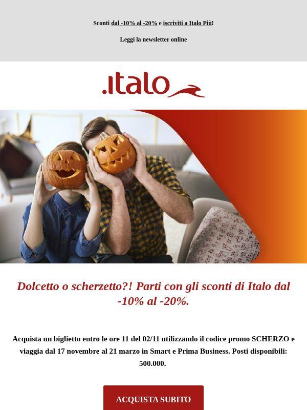 Dolcetto o scherzetto? Parti con gli sconti di Italo dal -10% al -20%.
