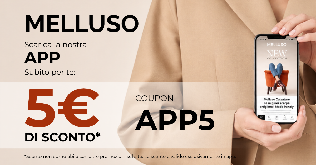 Person in beige coat holding smartphone showing Melluso app and coupon code APP5 for €5 discount, promotional banner