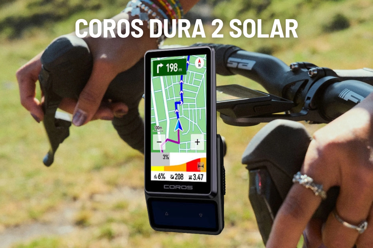 Coros Dura 2 Solar bike GPS mounted on handlebars showing route map and navigation, hands on brake levers, outdoor cycling