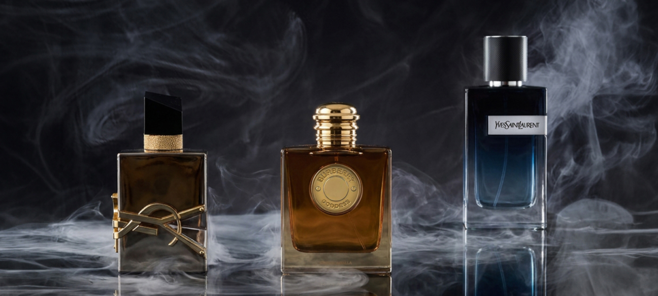 Tre profumi in eleganti flaconi su uno sfondo scuro con un leggero effetto fumo.