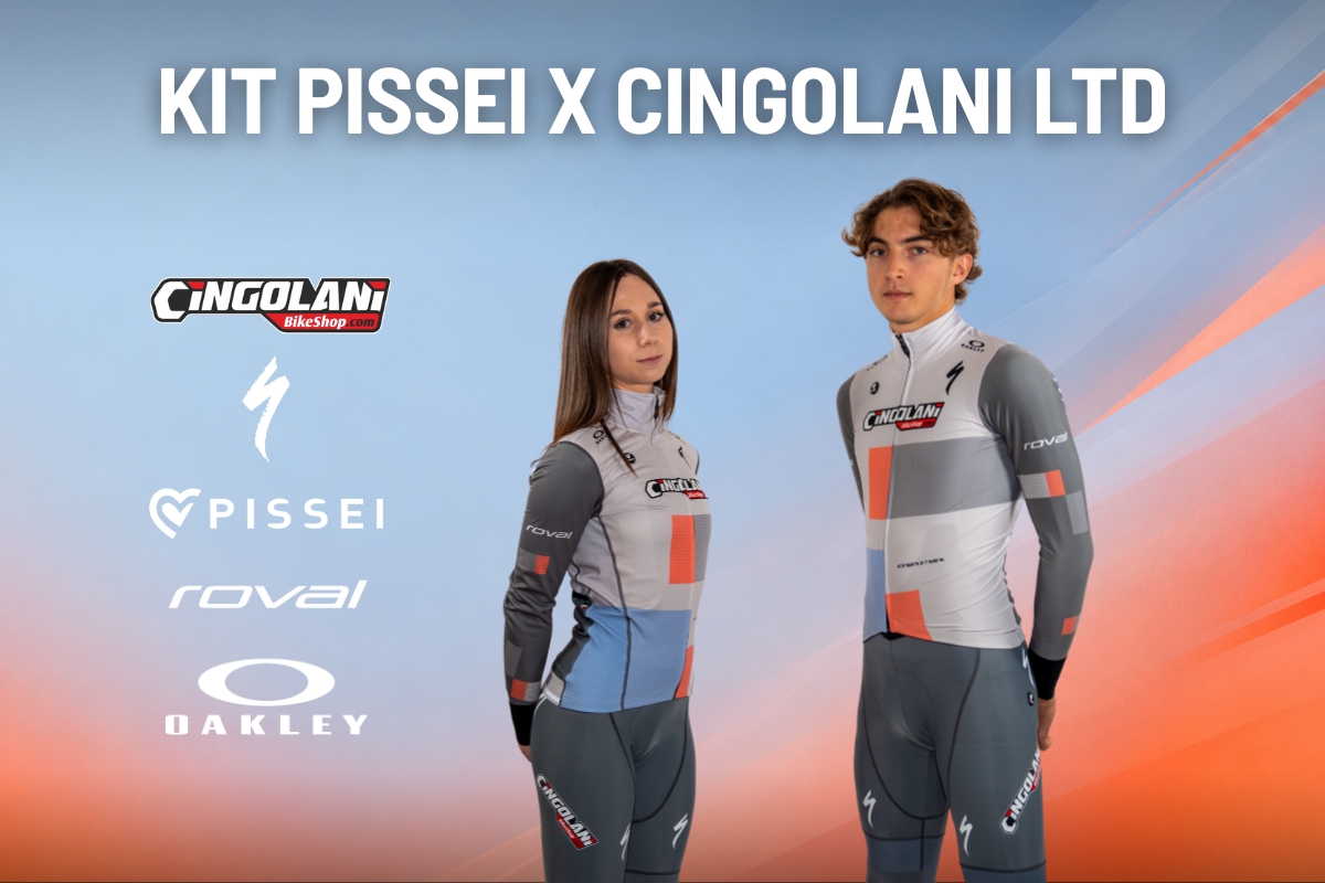 Two cyclists (female and male) modelling Pissei x Cingolani Ltd grey, blue and orange cycling kit with brand logos on a gradient background
